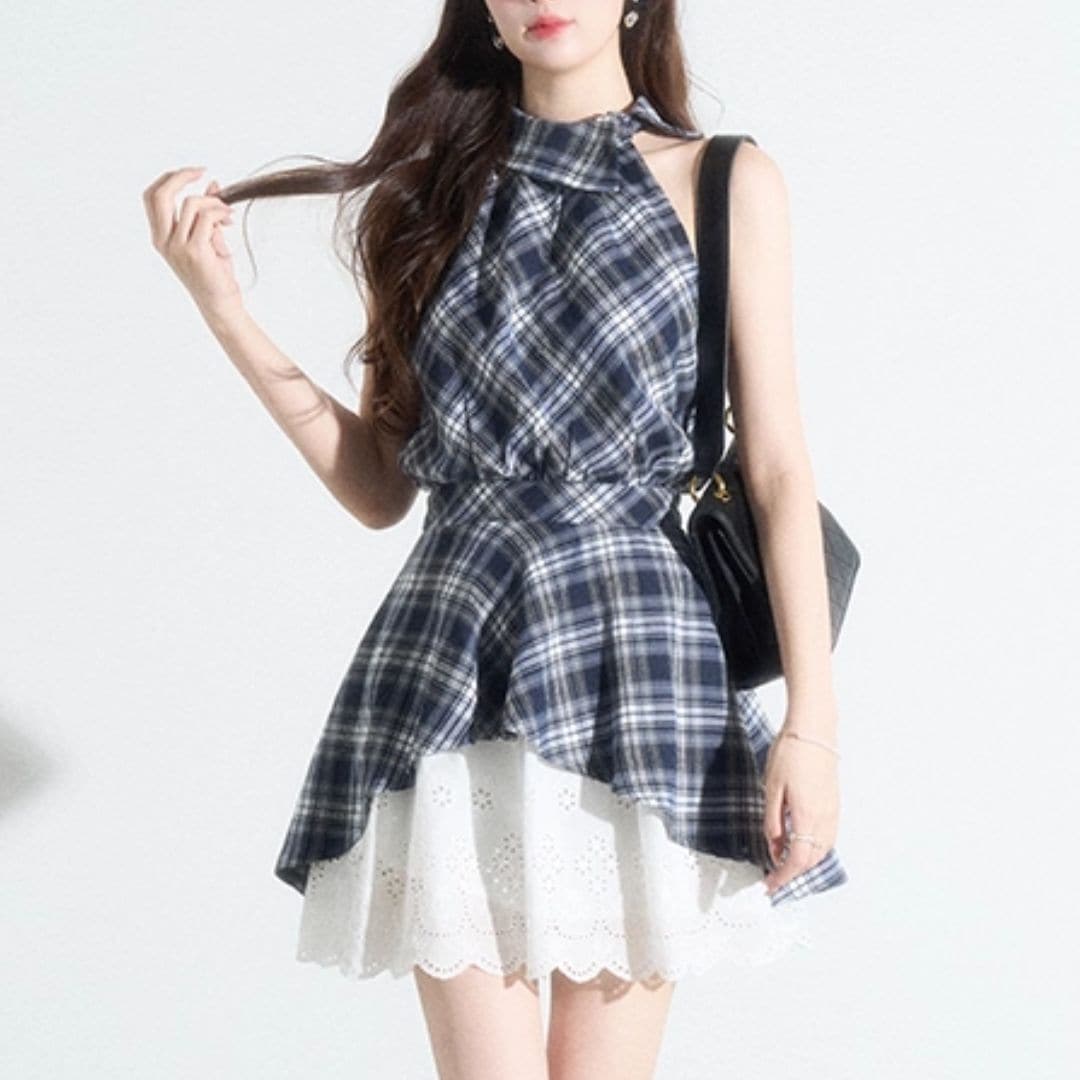 かぐれ　リネンチェックボクシーワンピース　美品　再お値下げ☆ アシンメトリーチェックレースワンピース(NO.070809) | Dress