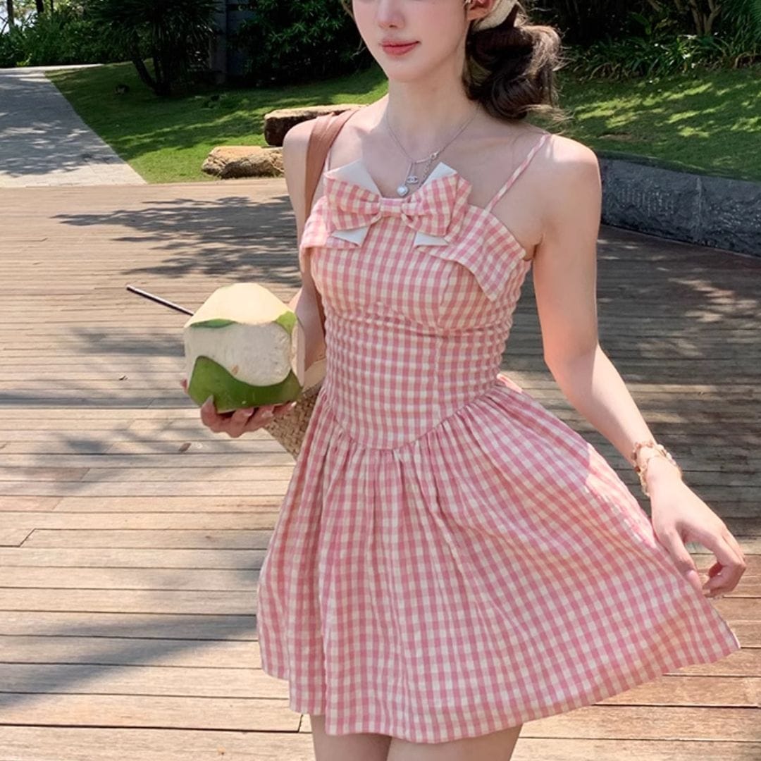 リボンギンガムチェックワンピース(NO.060410)【PINK】 | Dress