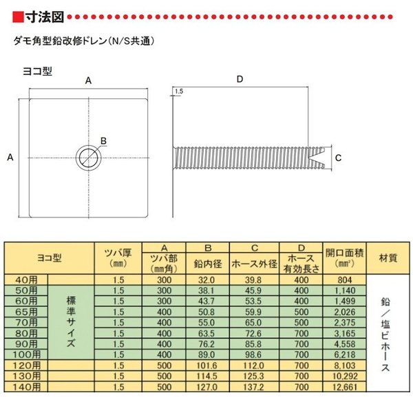 ダモ角型鉛改修ドレン 山装 改修ドレンN ノーマル ヨコ用 100用