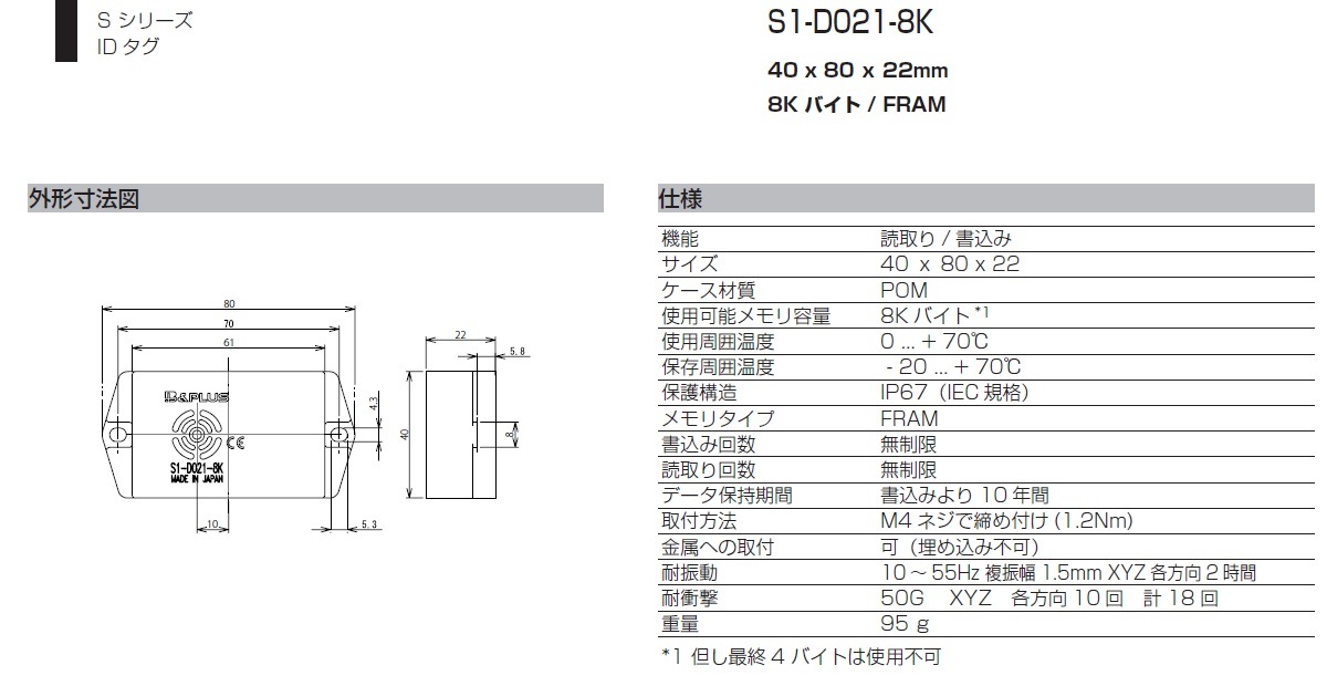 高速通信ID Sシリーズ：IDタグ S1-D011-8K, S1-D021-8Kなどお問合せは 