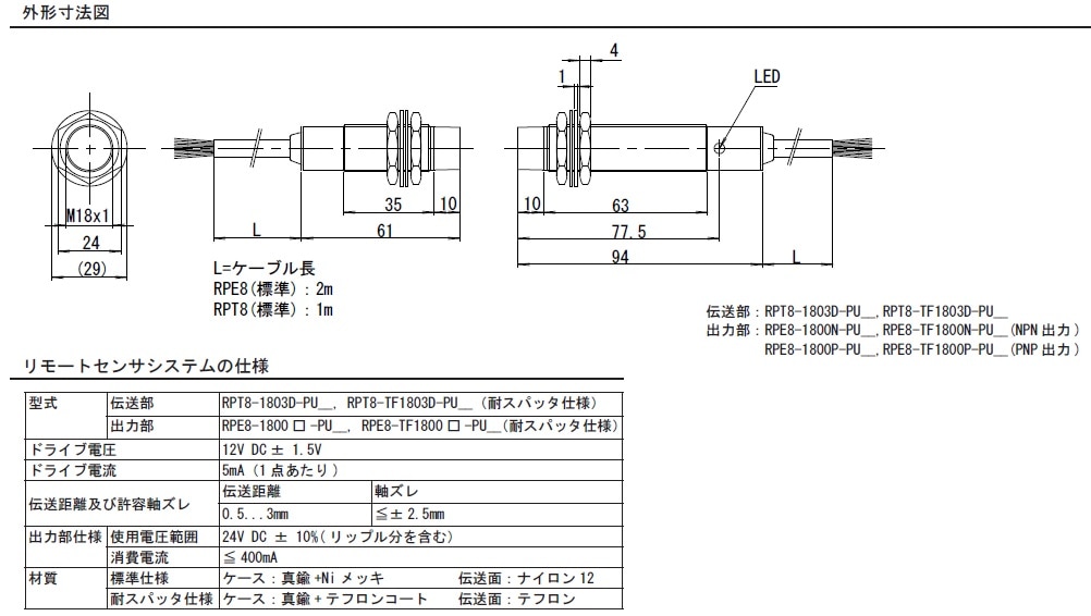8点信号伝送 M18 RPT8-1803D-PU__, RPE8-1800N/P-PU-__などお問合せは