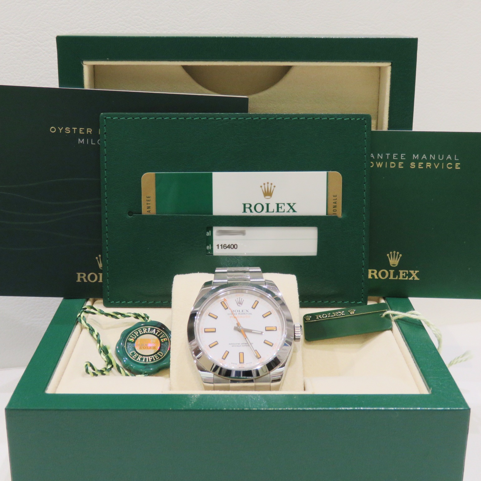 ROLEX (����å���) �ߥ륬���� �ӻ��� 116400 �ۥ磻�� SS ���������� ̤Ĵ�� ��°�ʴ��� ������� W-221 ���Ź
