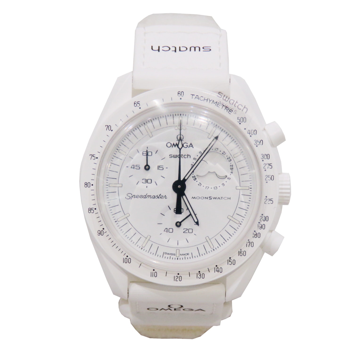 【ほぼ未使用】オメガ　スウォッチムーンウォッチ　ホワイト BIOCERAMIC MOONSWATCH の新しいムーンフェイズウォッチが月面着陸