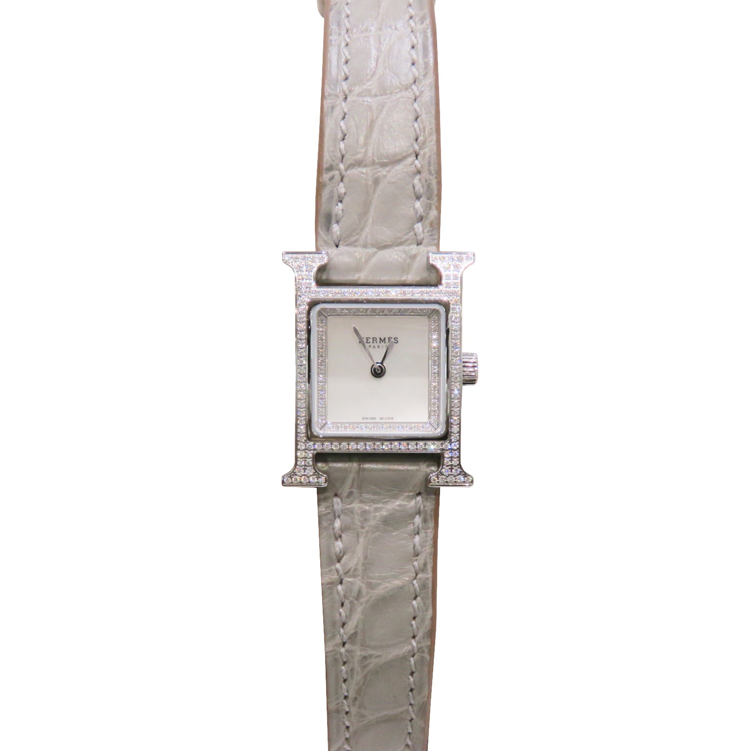 HERMES Hウォッチ レザーベルト エルメス ホワイト Hウォッチ HH1.210 革 SS 白 レディース クオーツ 替えベルト付き