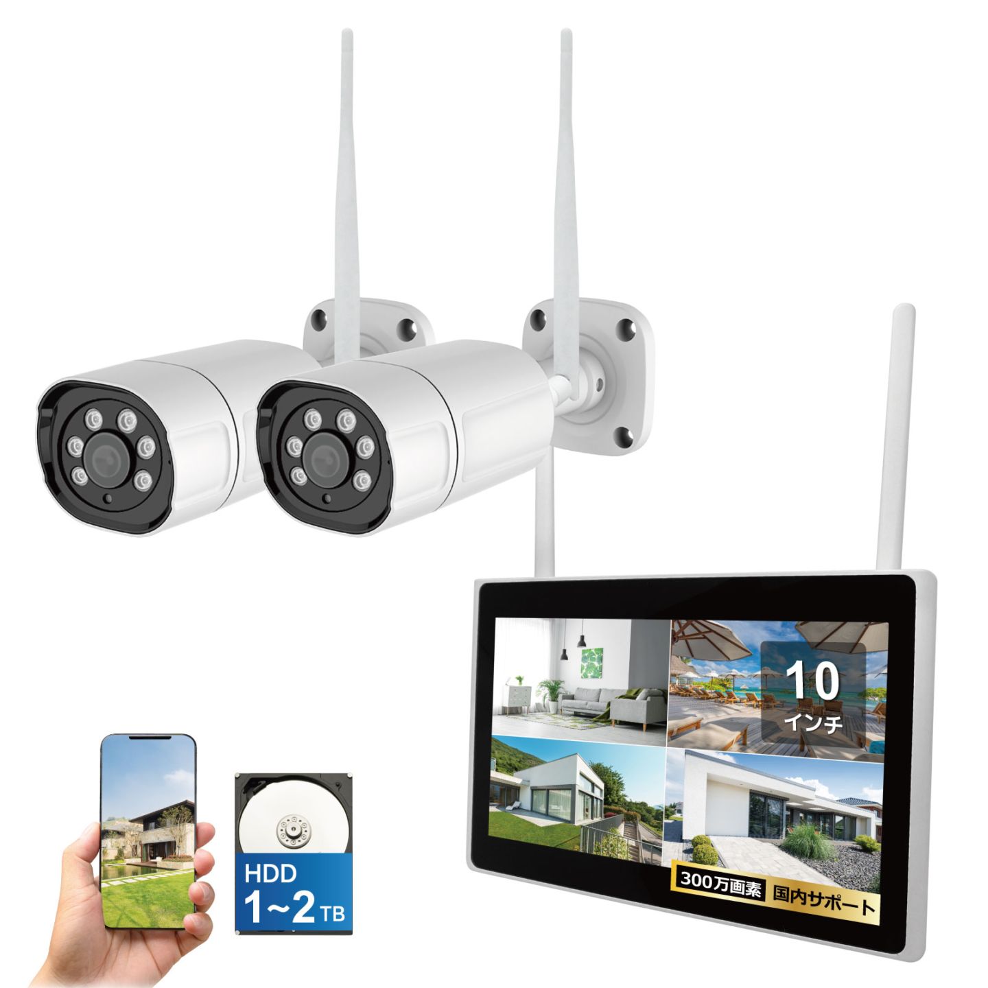 ワイヤレス300万画素(2台)カメラ・12.5インチモニター録画機(2TB付)一