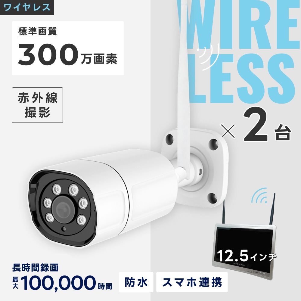 ワイヤレス300万画素(2台)カメラ・12.5インチモニター録画機(2TB付)一