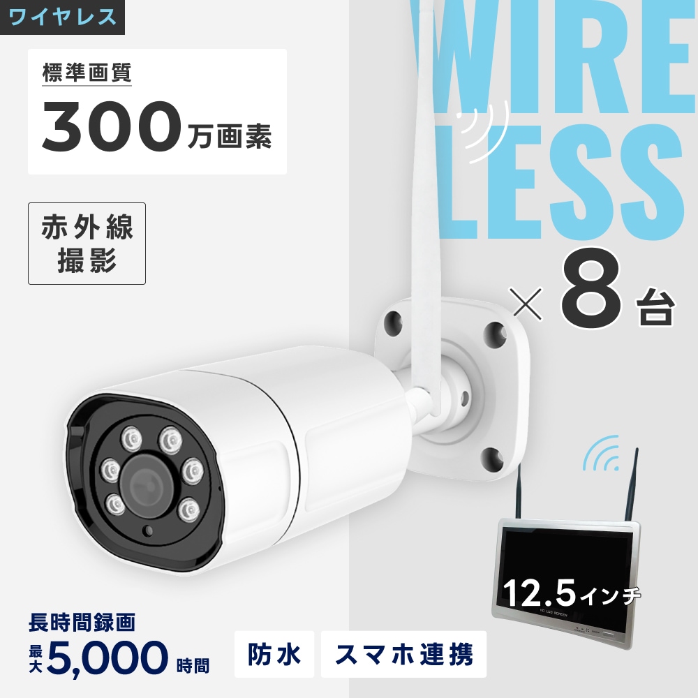 ワイヤレス300万画素カメラ(8台)・12.5インチモニター録画機一体型