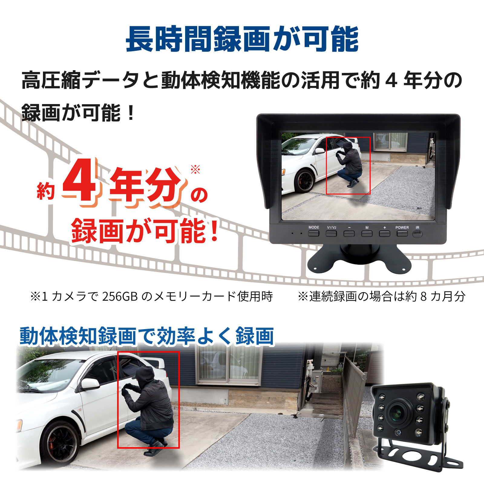 AI機能付き ワイヤレス200万画素(3台)カメラ・7インチモニター録画機一