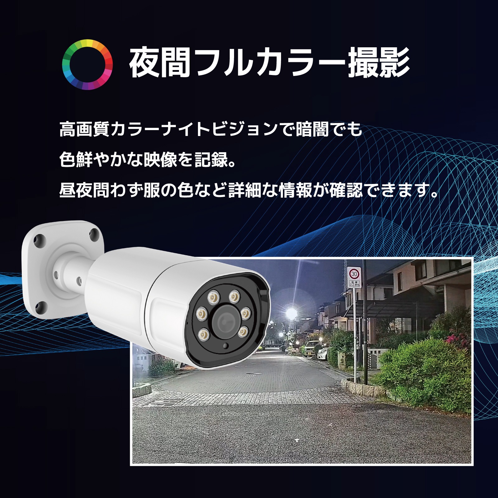 夜間フルカラー PoE給電500万画素防犯カメラ（1台）・録画機 4TB・15.6