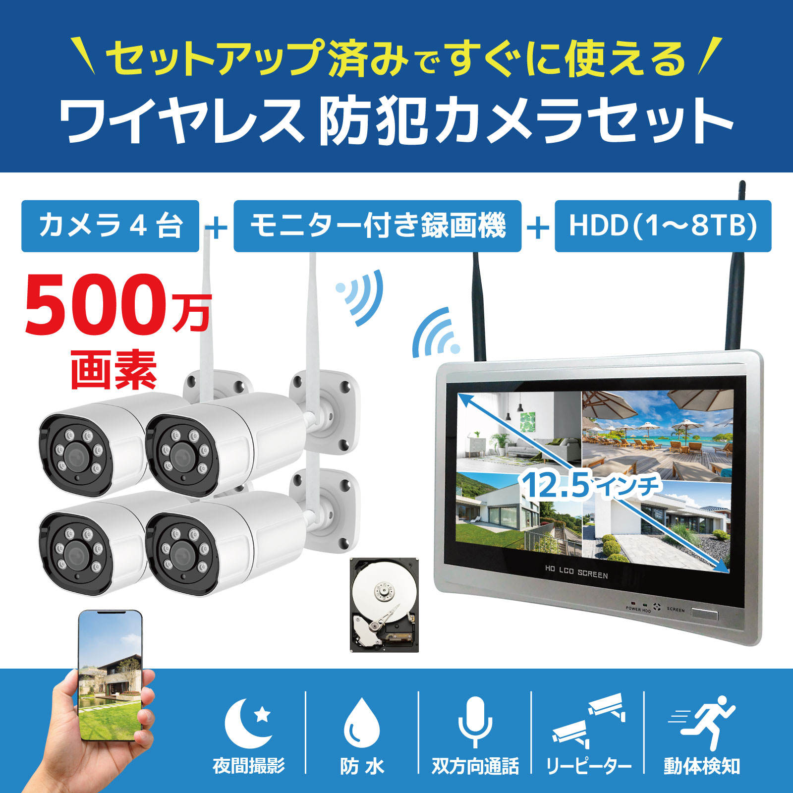 ワイヤレス500万画素(4台)カメラ・12.5インチモニター録画機(HDD8TB付