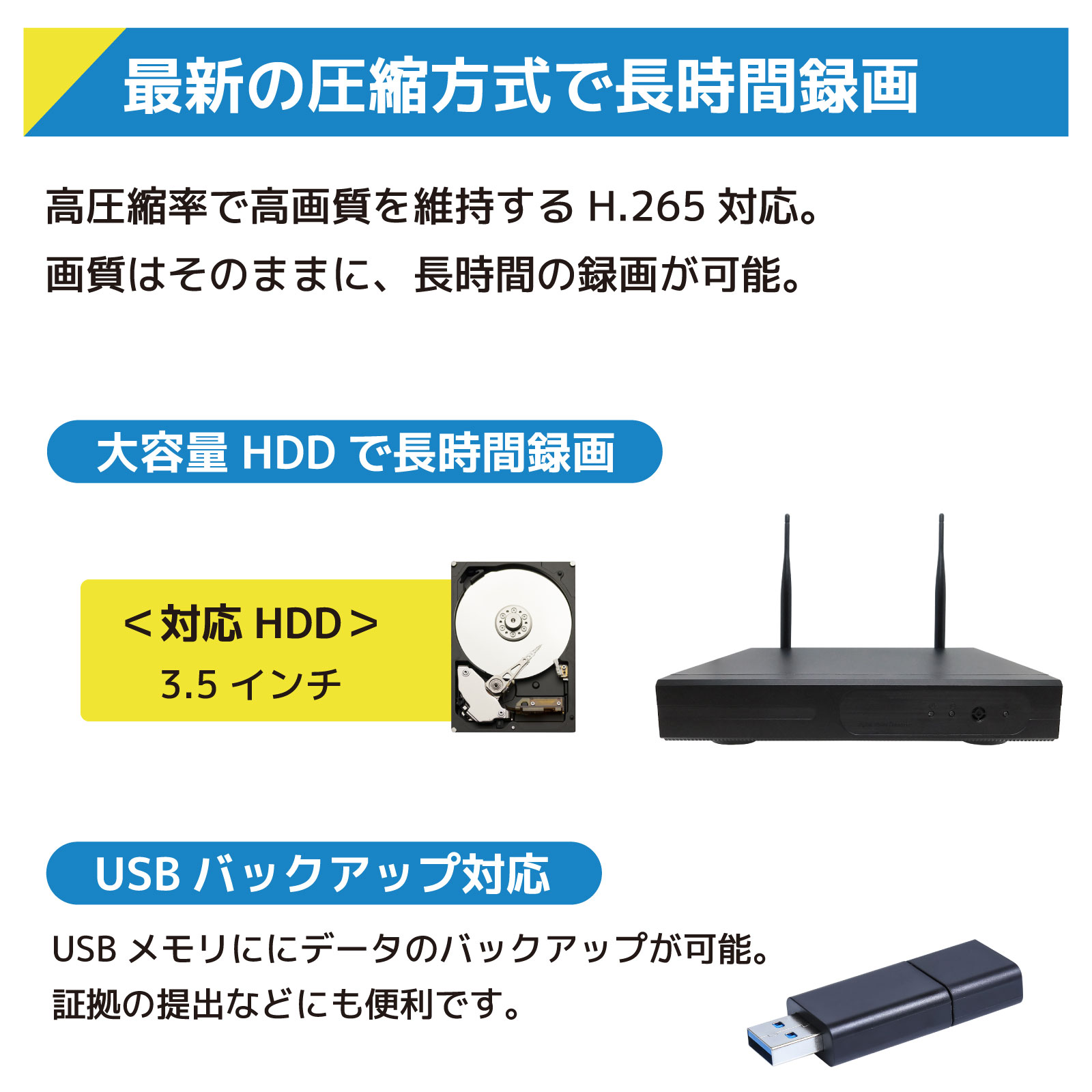 ワイヤレス300万画素防犯カメラ（4台）・録画機 （2TB付）・15.6インチ