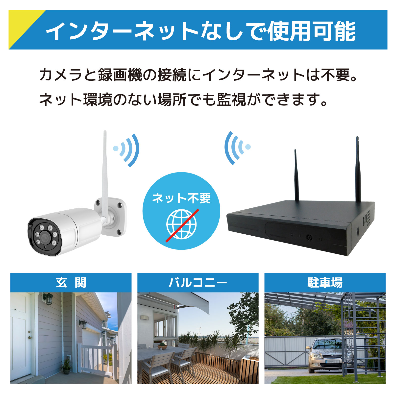 ワイヤレス300万画素防犯カメラ（4台）・録画機 （2TB付）・15.6インチ