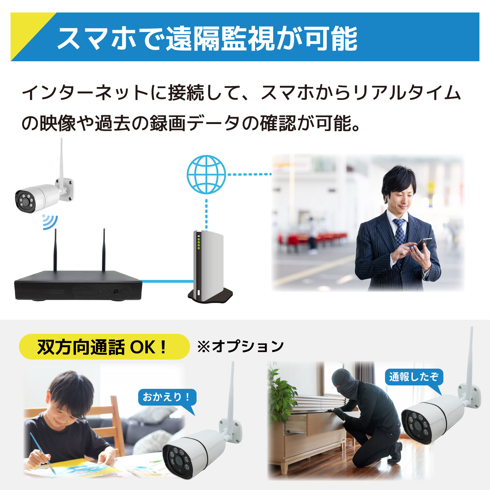 ワイヤレス300万画素防犯カメラ（4台）・録画機 （2TB付）・15.6インチ