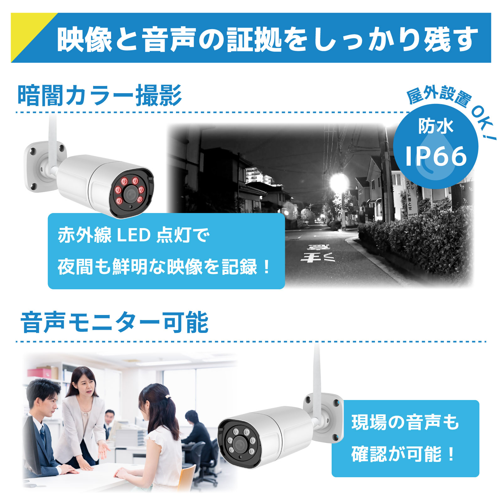 ワイヤレス300万画素防犯カメラ（4台）・録画機 （2TB付）・15.6インチ