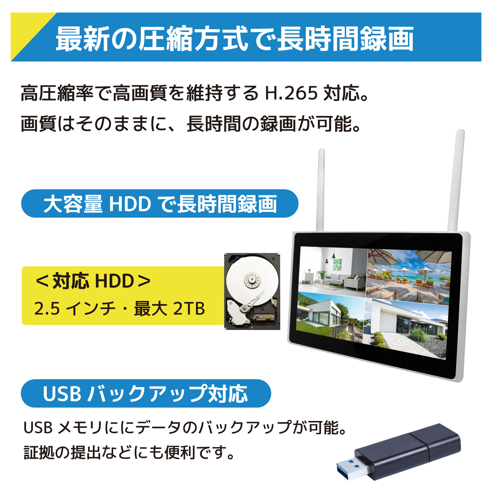 ワイヤレス300万画素(1台)カメラ・10インチモニター録画機(2TB付)一