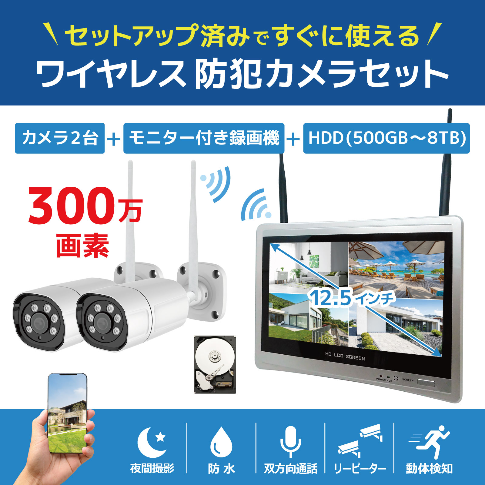 ワイヤレス300万画素(2台)カメラ・12.5インチモニター録画機(2TB付)一