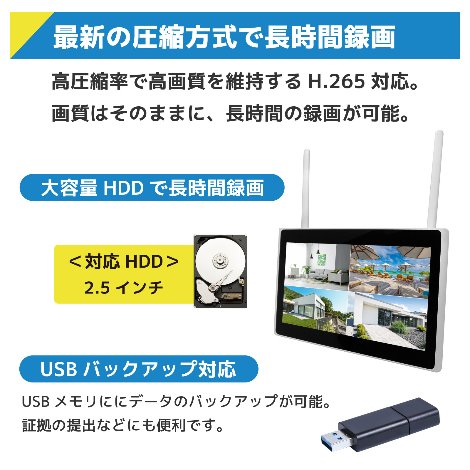 ワイヤレス300万画素(6台)カメラ・10インチモニター録画機(2TB付)一