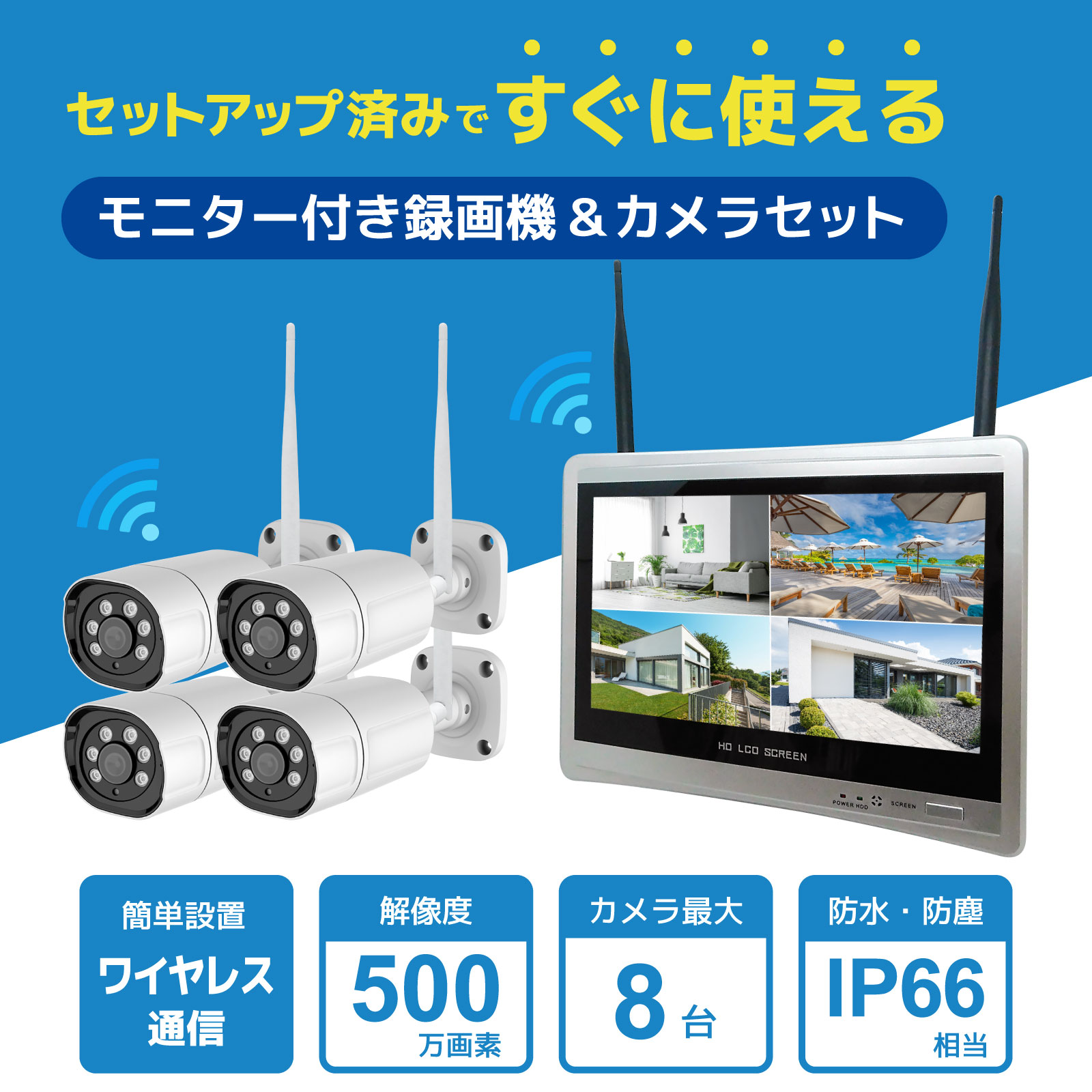 ワイヤレス500万画素カメラ(8台)・12.5インチモニター録画機一体型