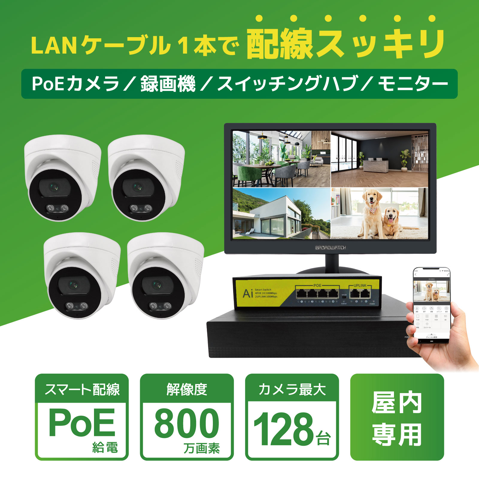 PoE給電800万画素防犯カメラ（ドーム型2台）・録画機 （2TB付