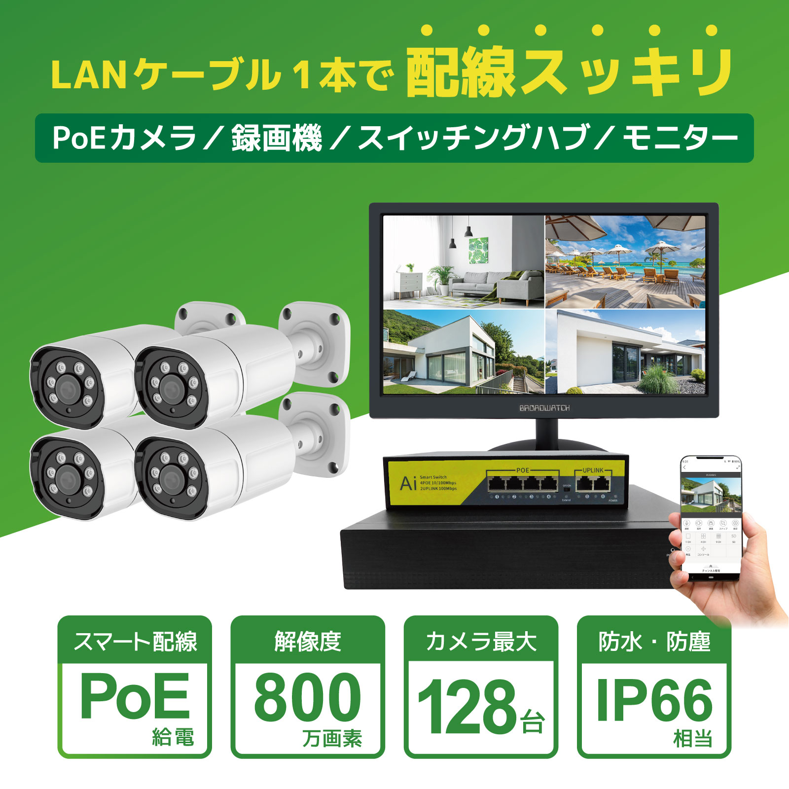 PoE給電800万画素防犯カメラ（2台）・録画機 （8TB付）・モニター無し
