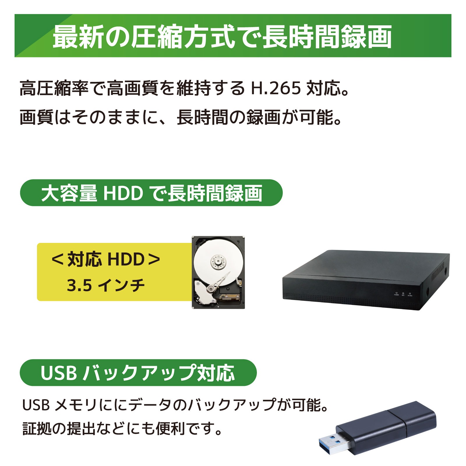 PoE給電800万画素防犯カメラ（2台）・録画機 （8TB付）・モニター無し