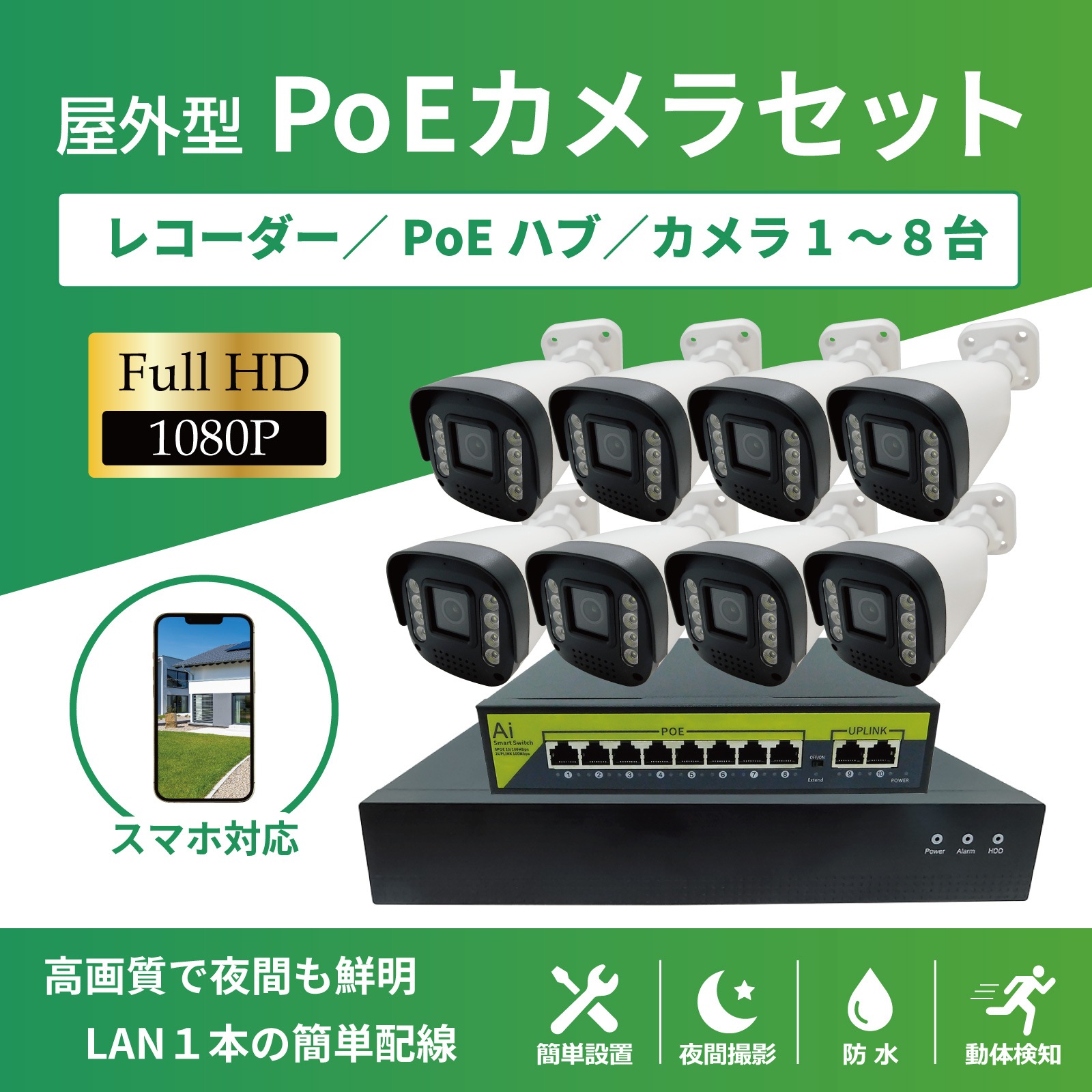 500 万 200万画素 PoE給電200万画素カメラ 1台 HDD 500GB 付き SEC-N