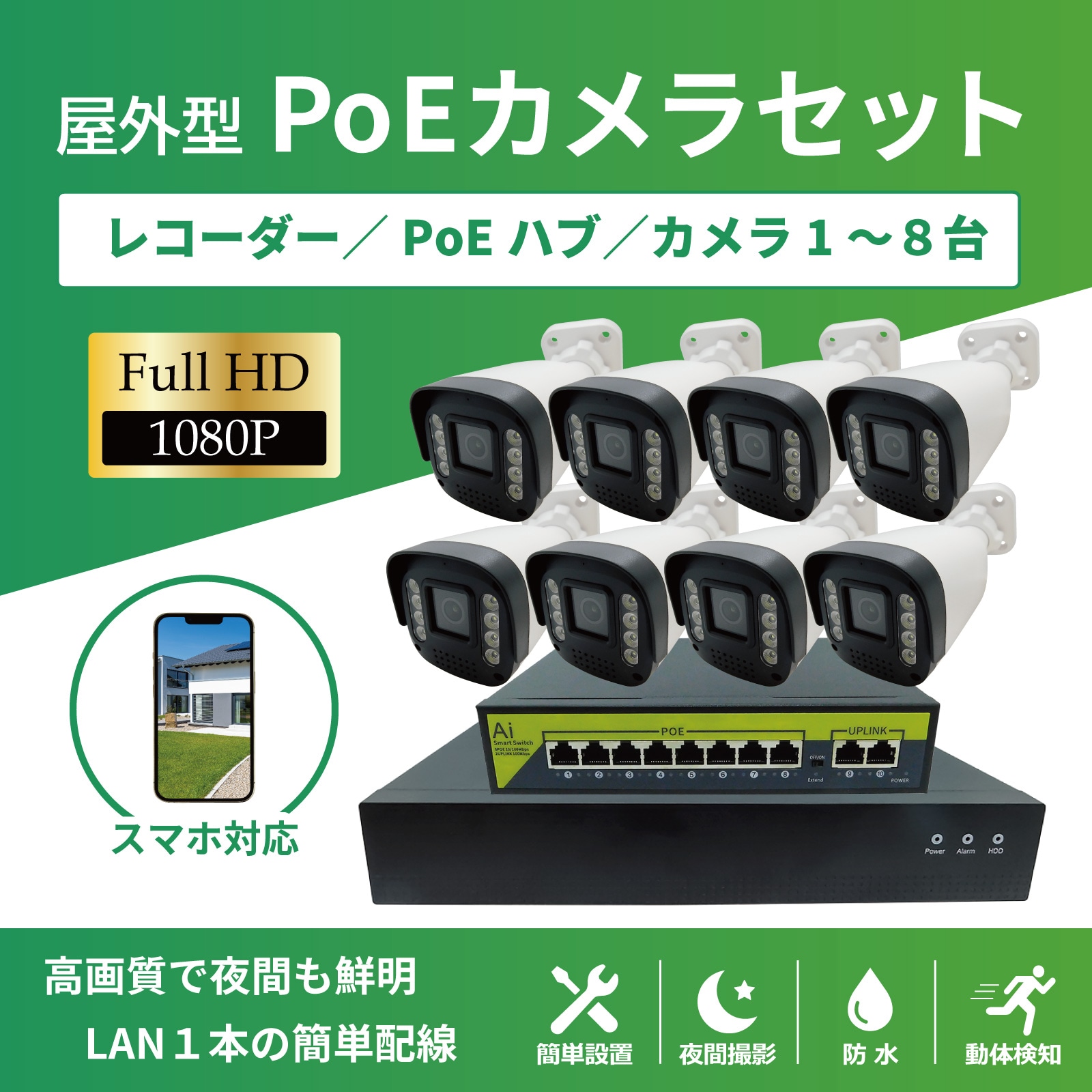 防犯カメラシステム 200万画素 1TB PoE給電200万画素カメラ(8台)HDD(1TB)付き [SEC-N-8P-1T] | PoE接続