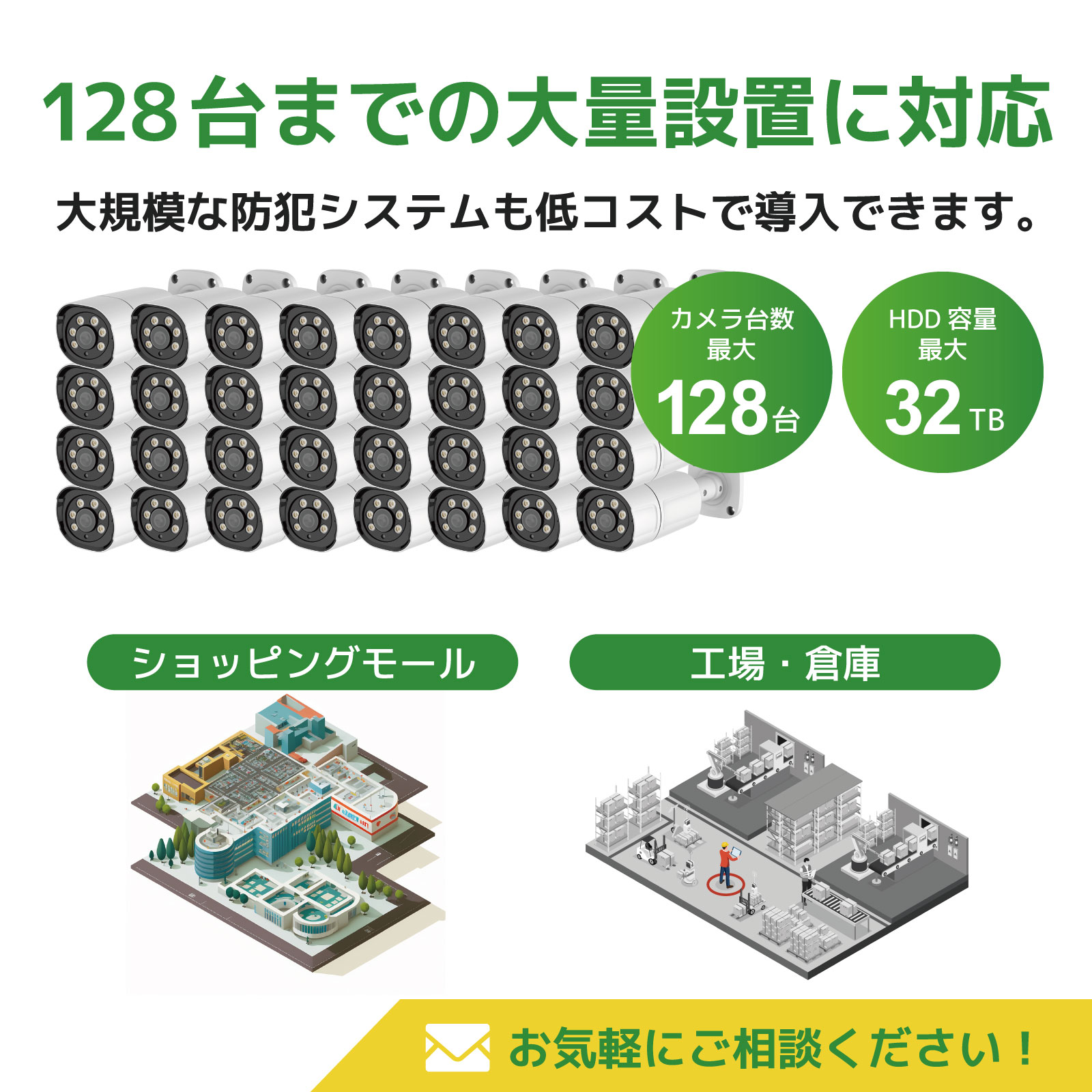 PoE給電800万画素防犯カメラ（4台）・録画機 （8TB付）・15.6インチ