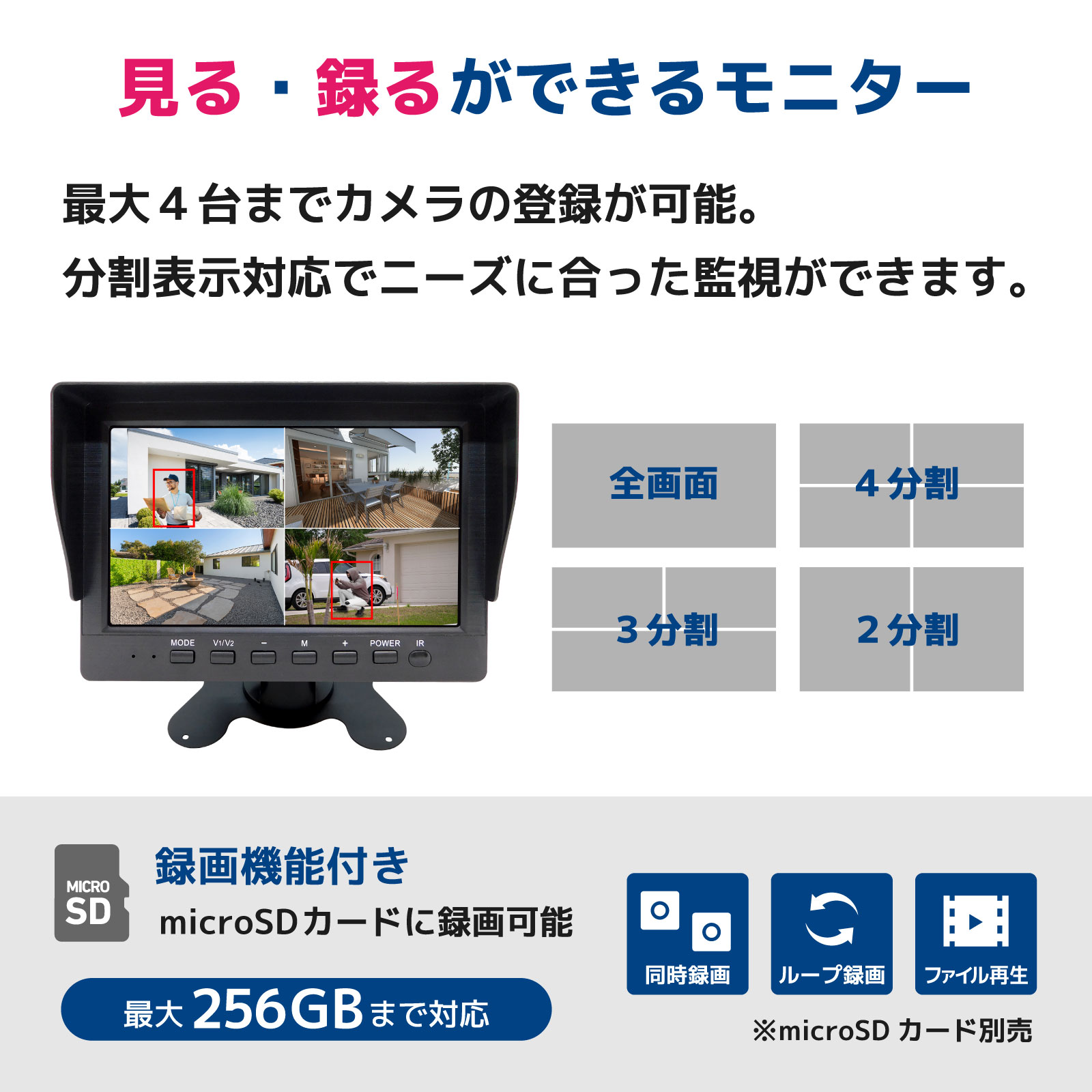 AI機能付き ワイヤレス200万画素(2台)カメラ・7インチモニター録画機一