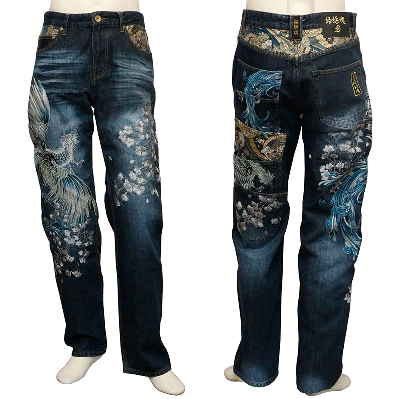 【希少・美品】絡繰魂 デニム 刺繍 5連ポケット 家紋 蝶 絡繰魂 粋 × 古都古都 鳳凰 柄 5連ポケット 刺繍 デニムパンツ