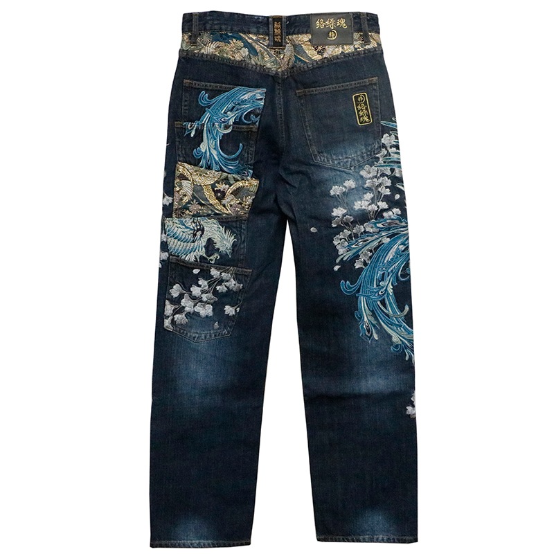 絡繰魂 粋 × 古都古都 鳳凰 柄 5連ポケット 刺繍 デニムパンツ