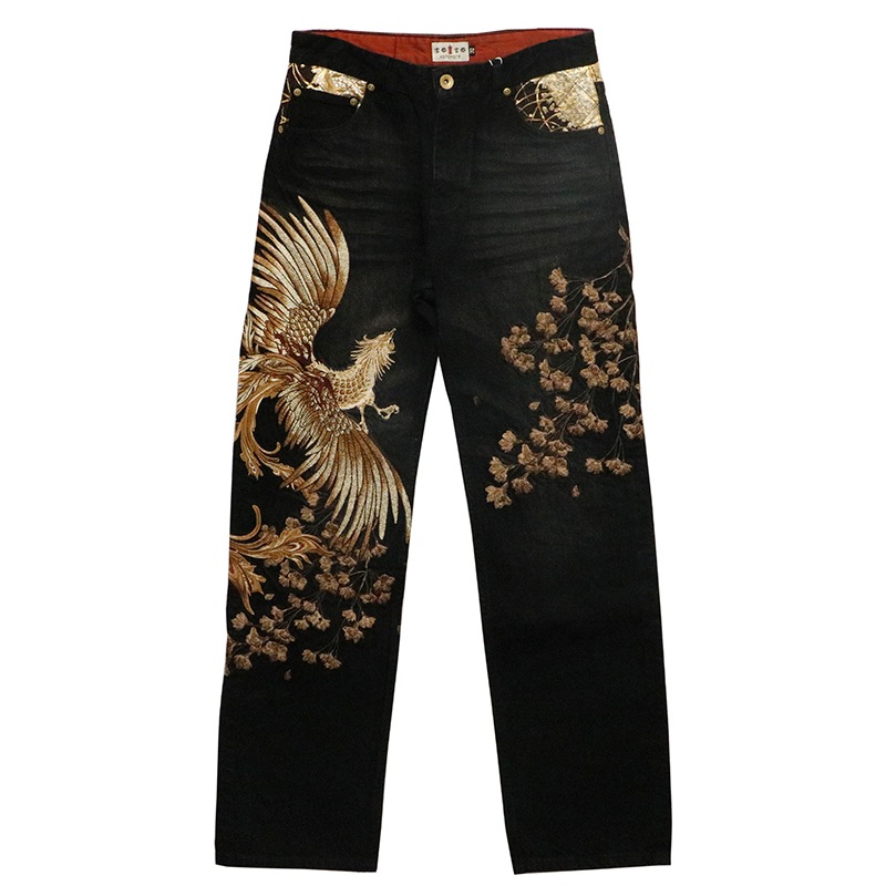 絡繰魂 粋 × 古都古都 鳳凰 柄 5連ポケット 刺繍 デニムパンツ