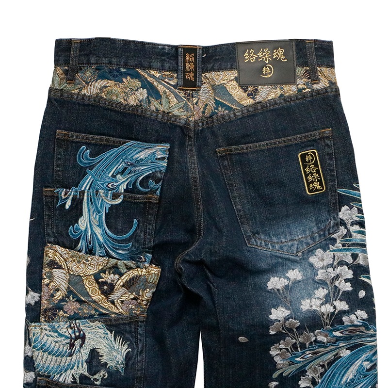 絡繰魂 粋 × 古都古都 鳳凰 柄 5連ポケット 刺繍 デニムパンツ