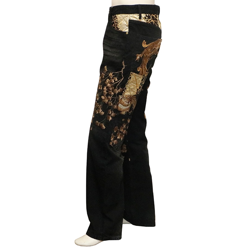 希少✨絡繰魂 流儀 デニムパンツ W36 和柄 刺繍 鳳凰 桜 扇 不死鳥 豪華 絡繰魂 粋 からくりだましい いき 桜火炎九尾 刺繍 和柄 デニムパンツ
