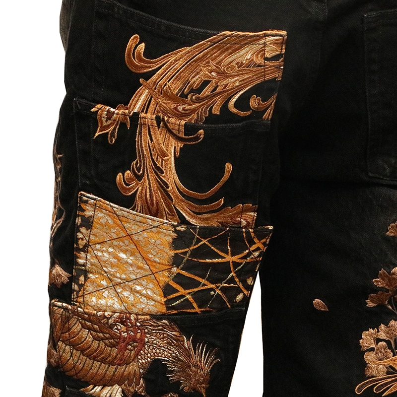 絡繰魂 粋 × 古都古都 鳳凰 柄 5連ポケット 刺繍 デニムパンツ