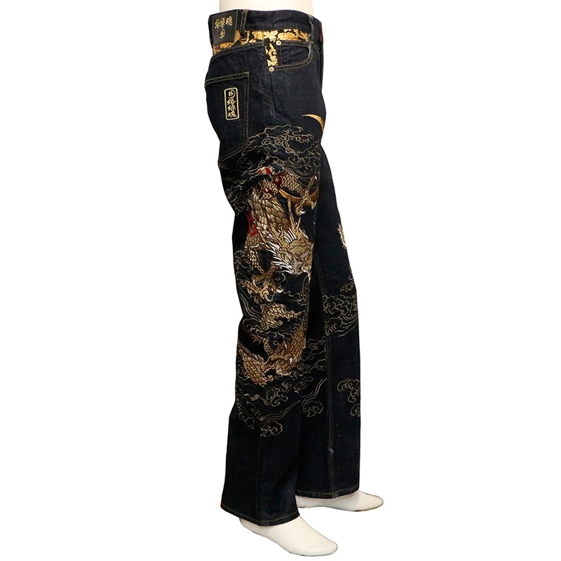 絡繰魂 粋/からくりだましい いき 月光双龍 柄 刺繍 和柄 デニムパンツ 絡繰魂 粋 からくりだましい いき 月光双龍 柄 刺繍 和柄 デニムパンツ
