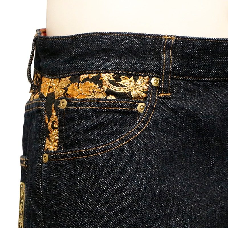 絡繰魂 粋/からくりだましい いき 月光双龍 柄 刺繍 和柄 デニムパンツ 絡繰魂 粋 からくりだましい いき 月光双龍 柄 刺繍 和柄 デニムパンツ