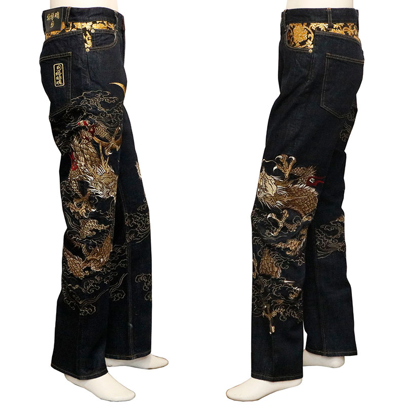 絡繰魂 粋 からくりだましい いき 月光双龍 柄 刺繍 和柄 デニムパンツ 絡繰魂 粋 からくりだましい いき 月光双龍 柄 刺繍 和柄 デニムパンツ