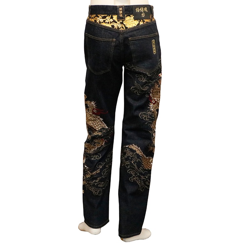絡繰魂 粋/からくりだましい いき 月光双龍 柄 刺繍 和柄 デニムパンツ 絡繰魂 粋 からくりだましい いき 月光双龍 柄 刺繍 和柄 デニムパンツ