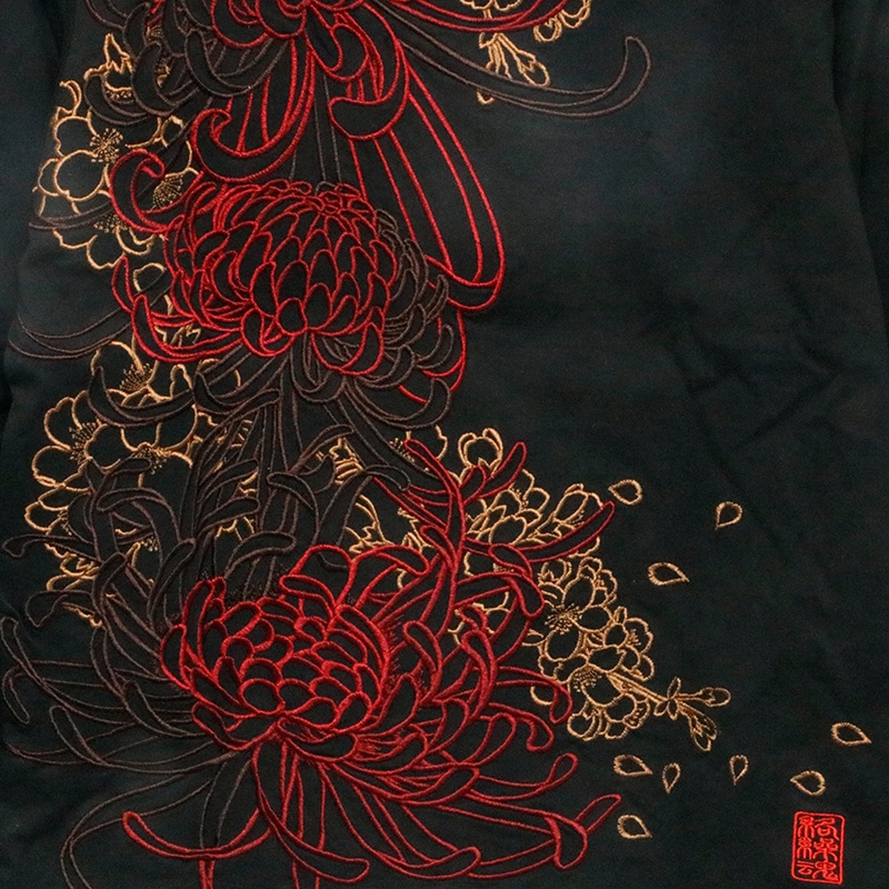 絡繰魂 からくりだましい 菊桜満開 刺繍 和柄 長袖Tシャツ