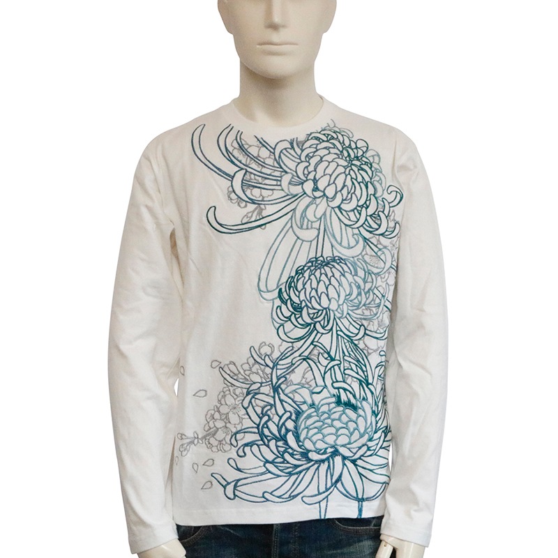 絡繰魂 からくりだましい 菊桜満開 刺繍 和柄 長袖Tシャツ