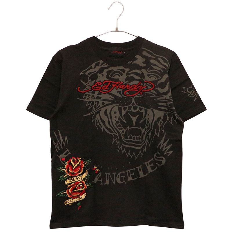 お*と様 Ed Hardy系Tシャツ Ed Hardy エドハーディー 刺繍プリント 天竺 長袖Tシャツ メンズ