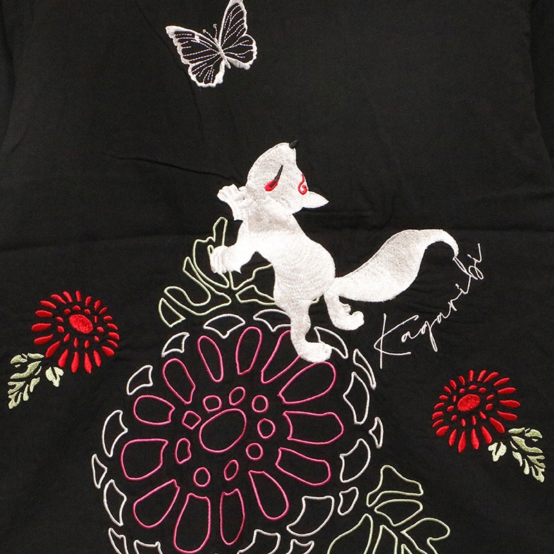 デコラティブ mori-kei レトロ 古着 伊太利屋 豹 刺繍入 シャツ 今昔 KON-JAKU こんじゃく 『菊と狐』総刺繍 半袖シャツ （ KJ