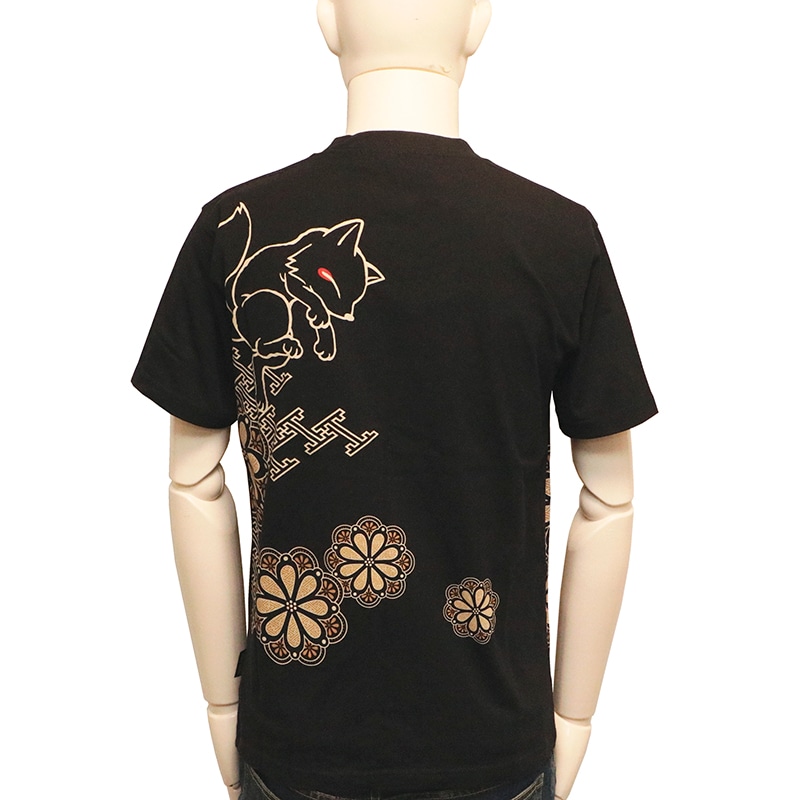 フレンズシリーズ Tシャツ M 今昔 KON-JAKU こんぎつねと大輪の花に紗綾形 和柄 半袖Tシャツ