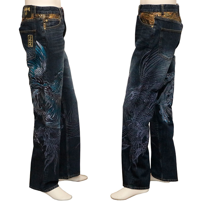絡繰魂 粋 からくりだましい いき 鳳凰降臨 柄 刺繍 和柄 デニムパンツ