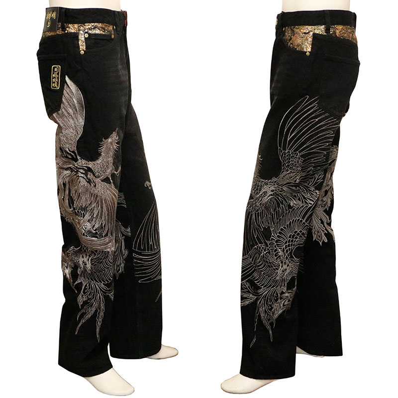 00s 仏喜羅坊 鳳凰x牡丹刺繍 バギーXL Y2K 和柄 ストリート ワイド 絡繰魂 粋 からくりだましい いき 鳳凰降臨 柄 刺繍 和柄 デニムパンツ