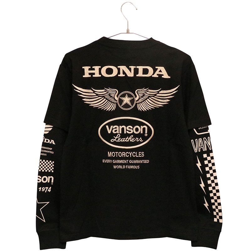 VANSON×HONDA スター×ロゴ 柄 刺繍 天竺 フェイク 長袖 Tシャツ