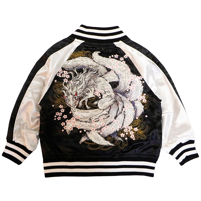 【美品】朧OBORO 九尾狐　桜　刺繍　スカジャン　Mサイズ　ブラック×ホワイト 九尾スカジャン 朧 9033803 おぼろ 和柄 和風 狐 きつね キツネ