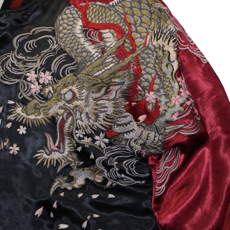 Satori サトリ 暴れ龍 桜 スカジャン リバーシブル ブラック レッド M satori[さとり] 桜と暴れ龍 刺繍 リバーシブル 和柄スカジャン/メンズ