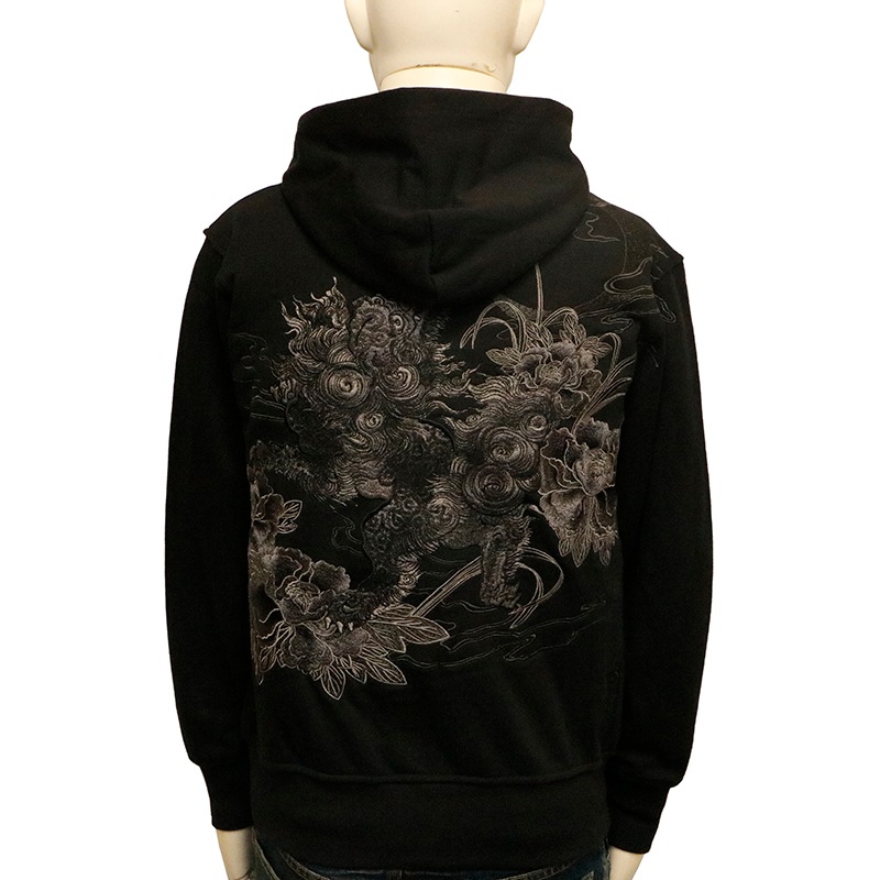 漆 唐獅子牡丹刺繍スウェットパーカー 絡繰魂 254016 和柄 和風 スエット からくり 漆 唐獅子牡丹刺繍スウェットパーカー◇絡繰魂 ブラック XXLサイズ